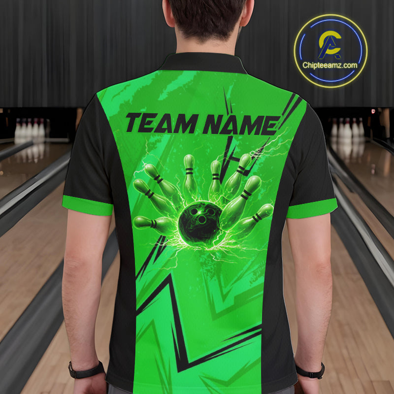 Personalized Green Lightning Thunder Bowling Polo, Quarter Zip Shirts For Men, Team Bowling Jersey NQS10832
