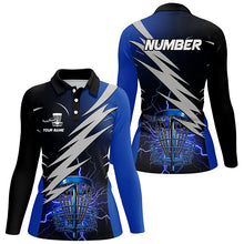 Load image into Gallery viewer, Womens disc golf polo shirts custom blue lightning thunder disc golf basket disc golf attire NQS8006