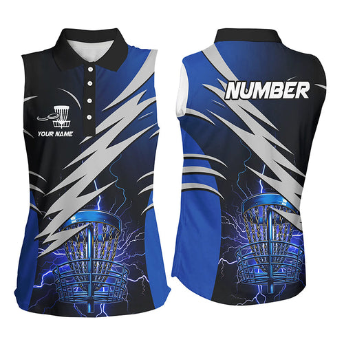 Women sleeveless polo shirts custom blue lightning thunder disc golf basket disc golf attire NQS8006