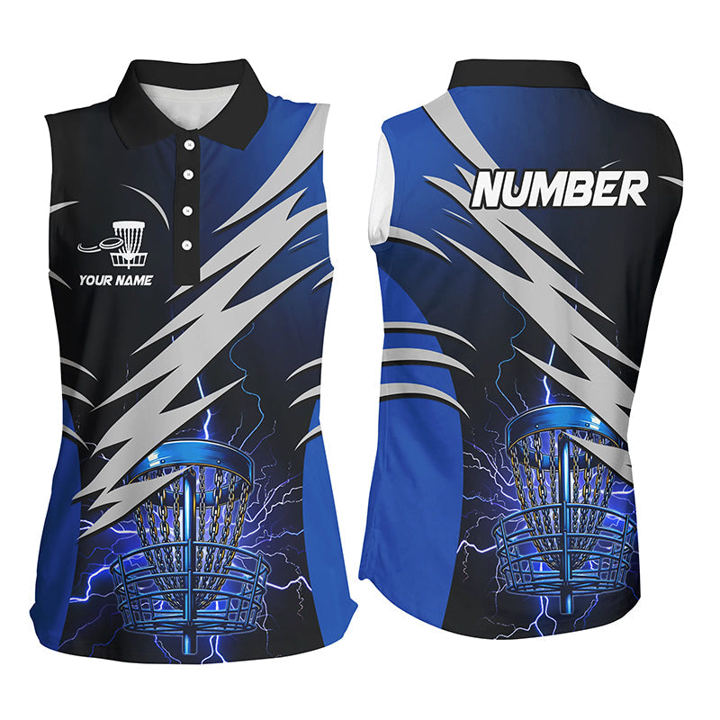 Women sleeveless polo shirts custom blue lightning thunder disc golf basket disc golf attire NQS8006