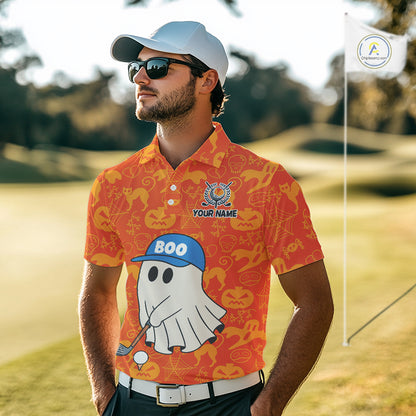 Personalized Funny Halloween Boo Orange Pattern Golf Polo Shirts For Men, Halloween Mens Golf Attire NQS10837