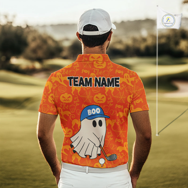Personalized Funny Halloween Boo Orange Pattern Golf Polo Shirts For Men, Halloween Mens Golf Attire NQS10837