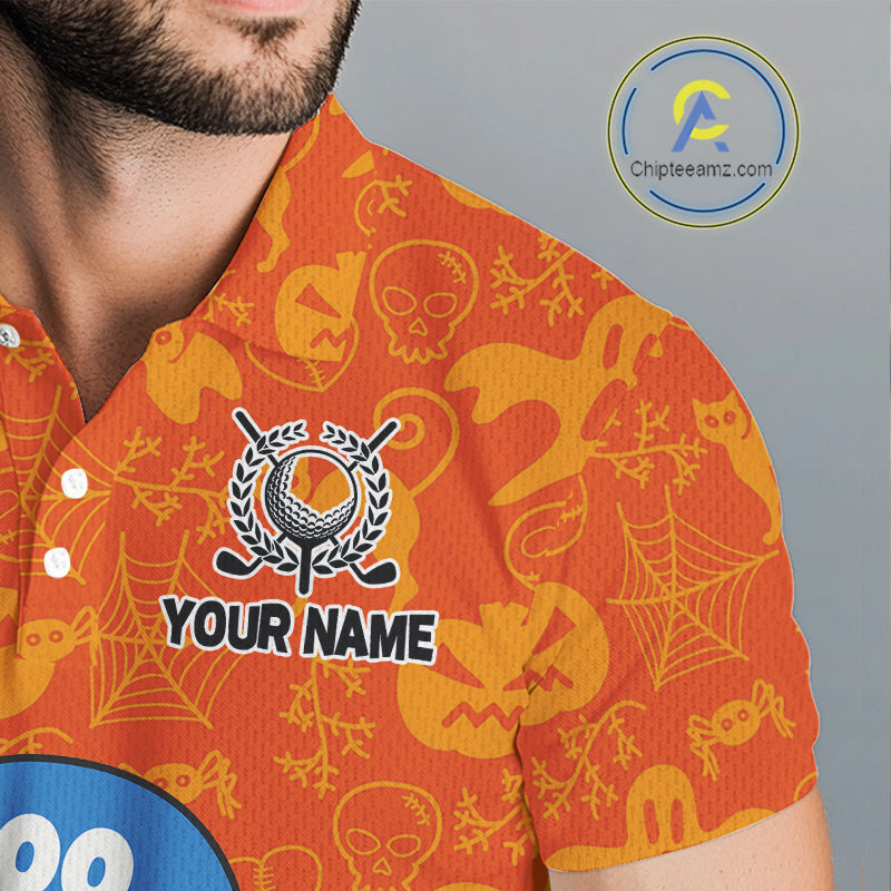Personalized Funny Halloween Boo Orange Pattern Golf Polo Shirts For Men, Halloween Mens Golf Attire NQS10837