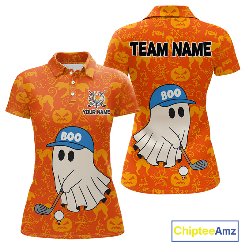 Personalized Funny Halloween Boo Orange Pattern Women Golf Polo Shirts, Halloween ladies Golf Attire NQS10837