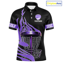 Load image into Gallery viewer, Black and Purple Flame Disc golf polo shirts For men Custom disc golf outfit, disc golf gifts NQS10842