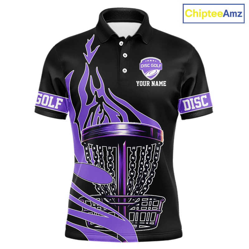Black and Purple Flame Disc golf polo shirts For men Custom disc golf outfit, disc golf gifts NQS10842