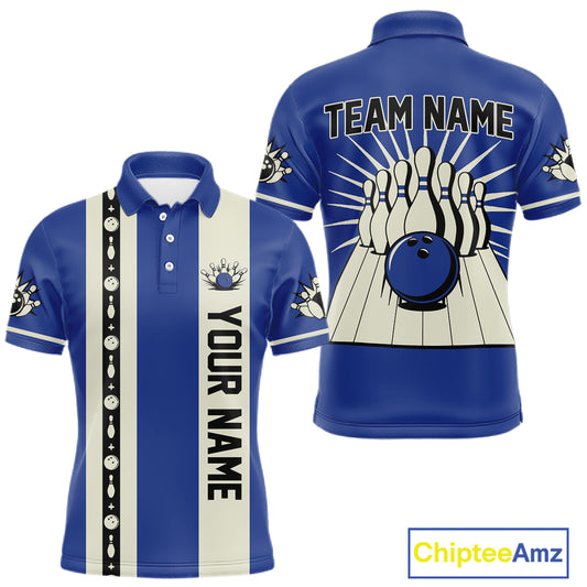 Blue Retro Bowling Polo, Quarter Zip Shirts For Men Custom Vintage Bowling Team Jerseys NQS11212