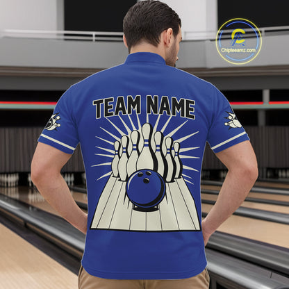 Blue Retro Bowling Polo, Quarter Zip Shirts For Men Custom Vintage Bowling Team Jerseys NQS11212
