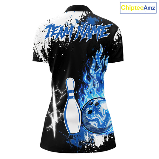 Custom Blue Flame Lightning Thunder Bowling shirts for Women, black and white bowling team jerseys NQS11617