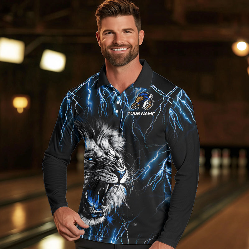 Black and Blue Lightning Thunder Lion Bowling Shirt For Men Custom Lion Bowling Team Jerseys NQS9645