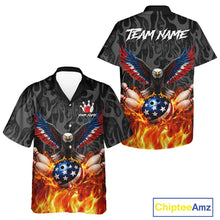 Load image into Gallery viewer, Black &amp; Orange Flame American Flag Eagle Bowling Button-up Shirt Custom Patriotic Bowling Team Jersey NQS11722