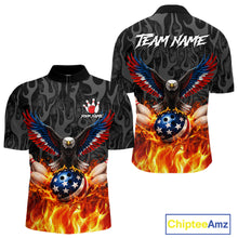 Load image into Gallery viewer, Black and Orange Flame American Flag Eagle Bowling Shirt For Men Custom Patriotic Bowling Team Jersey NQS11722