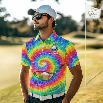 Colorful rainbow tie-dye golf polo shirt for men custom mens golf outfit, personalized golf gifts NQS11724