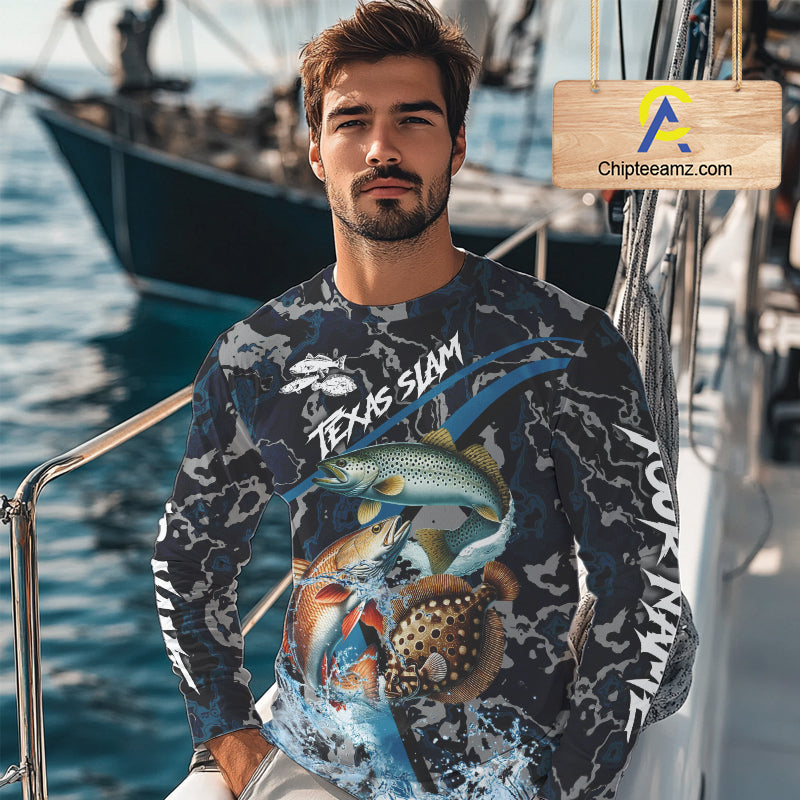 Texas Slam Fishing Camo Long Sleeve Fishing Shirts, Personalized Inshore Slam Fishing Team Jersey NQS10845