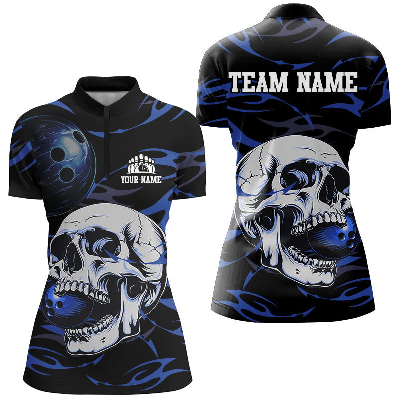 Black and Blue Skull Bowling Shirts For Women Custom Name and Team Name Bowling Jerseys Bowlers Outfit NQS8891