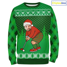 Load image into Gallery viewer, Personalized Funny Face Christmas Golf Green argyle pattern Custom Funny Santa Golfer Ugly Sweatshirt NQS11021