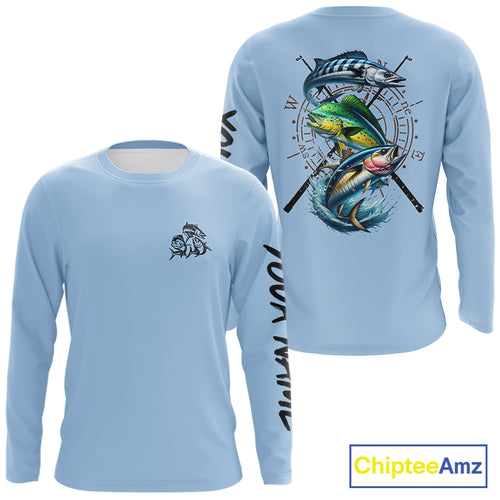 Personalized offshore Fishing jerseys, Mahi mahi, Wahoo, Tuna tournament fishing shirts | Light Blue NQS11218