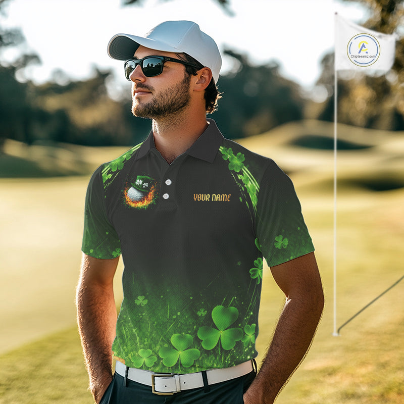 Flame golf ball green shamrock St Patrick's Day Men Golf Polo Shirts Custom lucky golf attire for men NQS11413