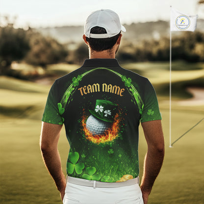 Flame golf ball green shamrock St Patrick's Day Men Golf Polo Shirts Custom lucky golf attire for men NQS11413
