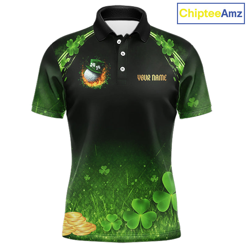 Flame golf ball green shamrock St Patrick's Day Men Golf Polo Shirts Custom lucky golf attire for men NQS11413