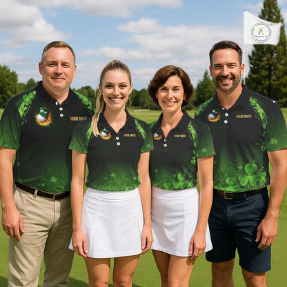 Flame golf ball green shamrock St Patrick's Day Men Golf Polo Shirts Custom lucky golf attire for men NQS11413