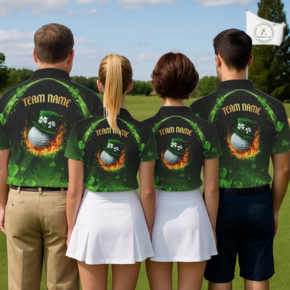 Flame golf ball green shamrock St Patrick's Day Men Golf Polo Shirts Custom lucky golf attire for men NQS11413