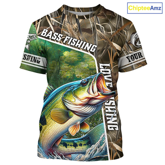 Personalized Bass Fishing Shirts, Love Fishing Camo 3D All Over Printed Shirts NQS210