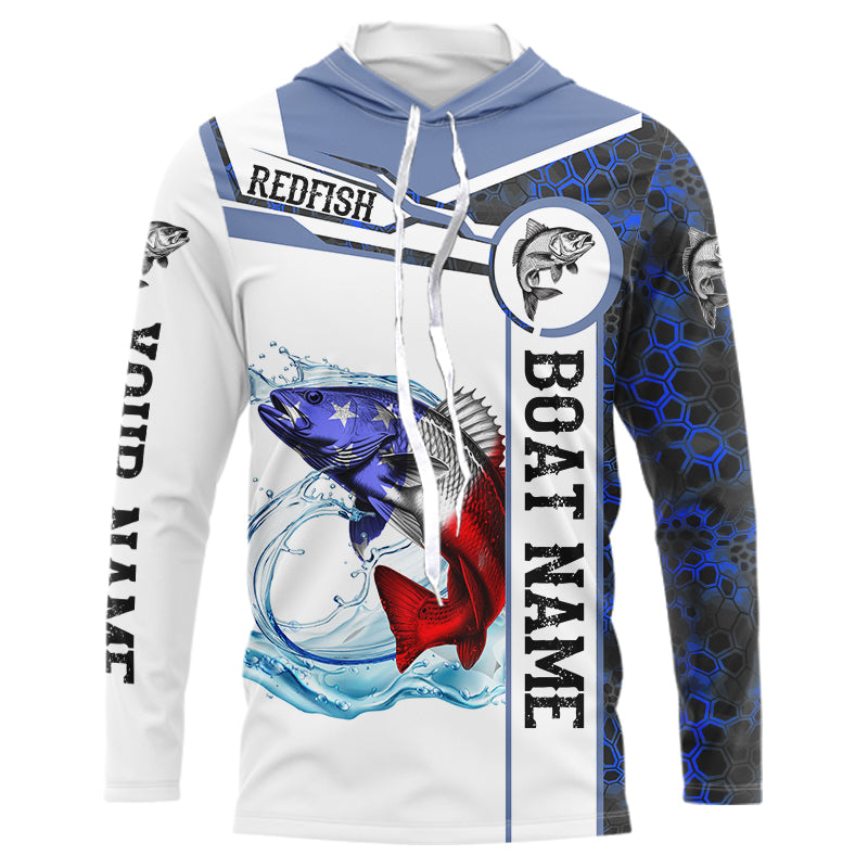 Redfish Fishing blue camo American Flag Custom name & boat name performance Long Sleeve Fishing Shirts NQS5191
