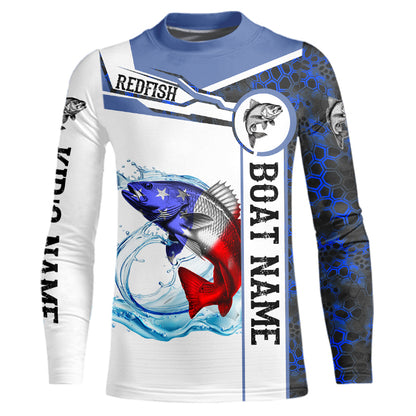 Redfish Fishing blue camo American Flag Custom name & boat name performance Long Sleeve Fishing Shirts NQS5191