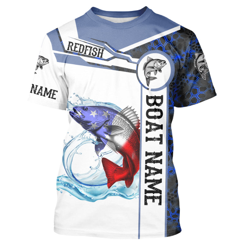 Redfish Fishing blue camo American Flag Custom name & boat name performance Long Sleeve Fishing Shirts NQS5191