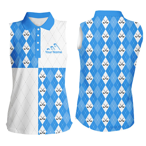 Golf addicted Womens sleeveless polo shirt custom blue and white golf ball clubs argyle plaid pattern NQS5437