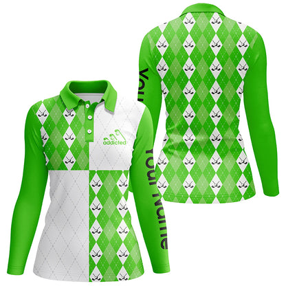 Golf addicted Womens golf polo shirts custom name green and white golf ball clubs argyle plaid pattern NQS5438