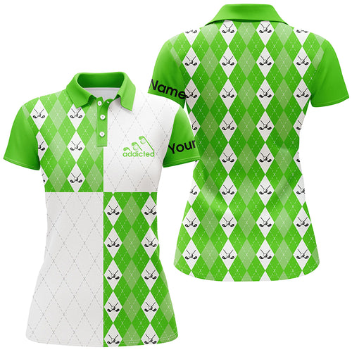 Golf addicted Womens golf polo shirts custom name green and white golf ball clubs argyle plaid pattern NQS5438