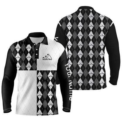 Golf addicted Mens golf polo shirts custom black and white golf ball clubs argyle plaid pattern golf NQS5439