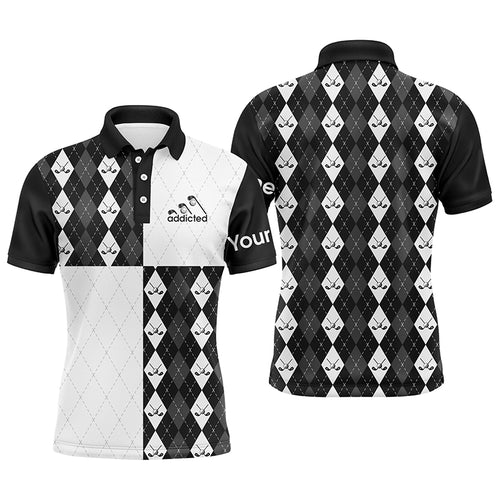 Golf addicted Mens golf polo shirts custom black and white golf ball clubs argyle plaid pattern golf NQS5439