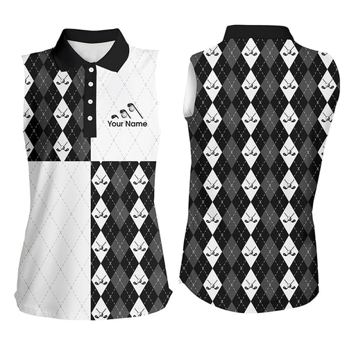 Golf addicted Womens sleeveless polo shirt custom black and white golf ball clubs argyle plaid pattern NQS5439