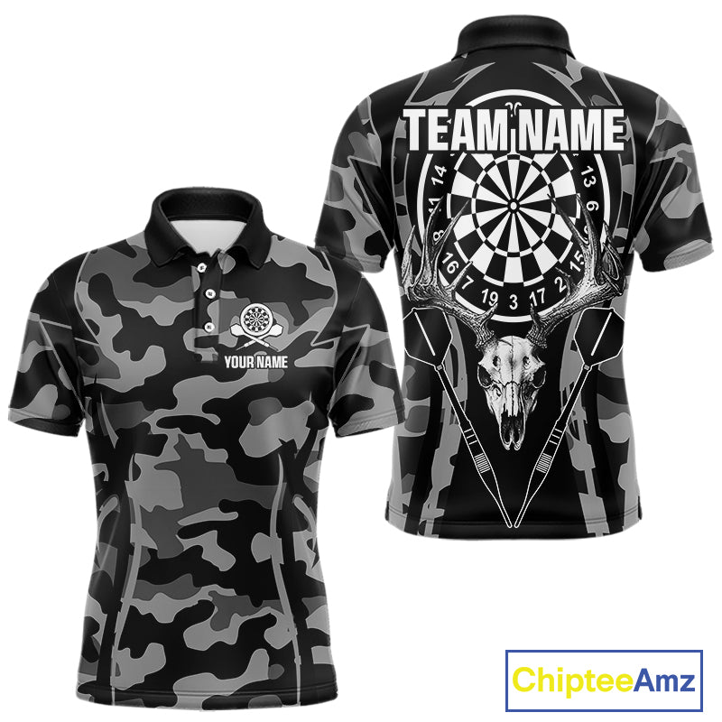 Deer Skull Darts Board Gray Camo Darts Polo, Quarter zip Shirts For Men Custom Team Darts Jersey NQS9934