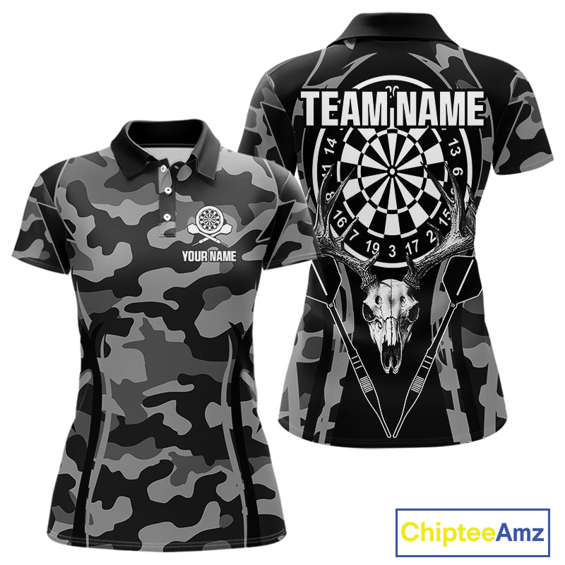 Deer Skull Darts Board Gray Camo Darts Polo, Quarter zip Shirts For Women Custom Team Darts Jersey NQS9934