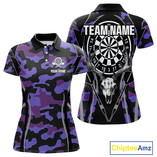 Deer Skull Darts Board Purple Camo Darts Polo, Quarter zip Shirts For Women Custom Team Darts Jersey NQS9935