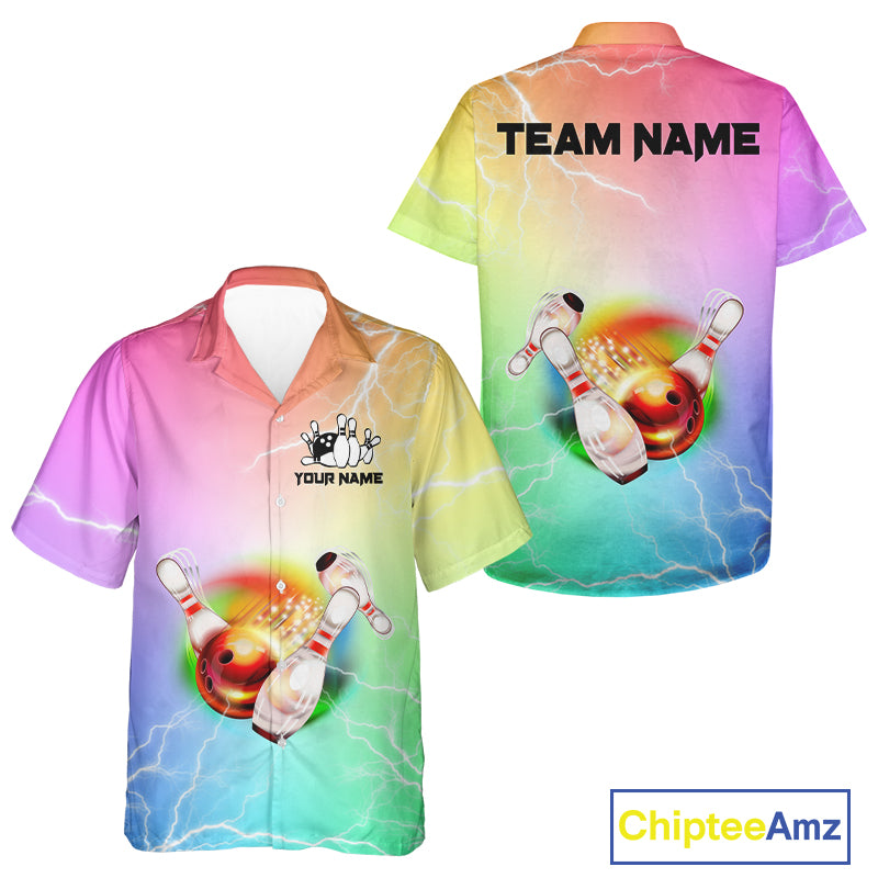 Gradient colorful rainbow lightning thunder Bowling Hawaiian shirt Custom Team Bowling button up shirt NQS9941