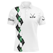 Load image into Gallery viewer, White Mens golf polo shirts custom name green and black plaid, best golf gifts for mens NQS5686