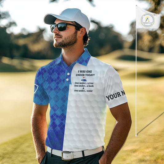 Blue argyle white Men golf polo shirt custom I was one under today one under a tree, a bush and water NQS10090