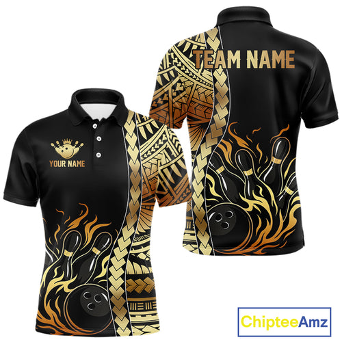 Custom Black And Gold Flame tribal pattern Bowling Team Polo, 1/4 Zip Shirts For Men, Bowling Jerseys NQS10093