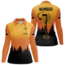 Load image into Gallery viewer, Black &amp; orange Women Disc golf polo shirt custom number disc golf jerseys, team disc golf attire NQS8215
