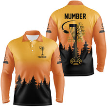 Load image into Gallery viewer, Black &amp; orange Mens Disc golf polo shirts custom number disc golf jerseys, team disc golf attire NQS8215