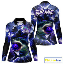 Load image into Gallery viewer, Purple Lightning thunder Shark Bowling Shirts for Women Custom Team Shark Bowling League Jersey NQS10418