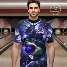 Load image into Gallery viewer, Purple Lightning thunder Shark Bowling Shirts for Men Custom Team Shark Bowling League Jersey NQS10418