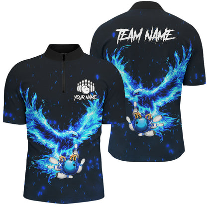 Blue Flame Eagle Custom Bowling Polo, Quarter Zip Shirt For Men Personalized Bowling Team Jerseys NQS8906