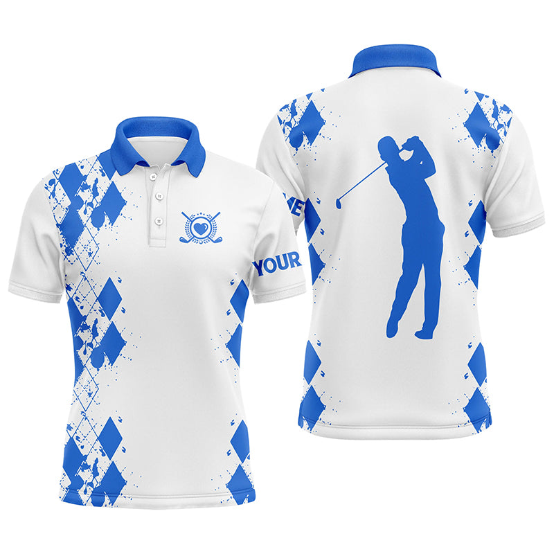 Mens golf polos shirts custom name swing swear repeat white golf shirt, golfing gifts | Blue NQS4507