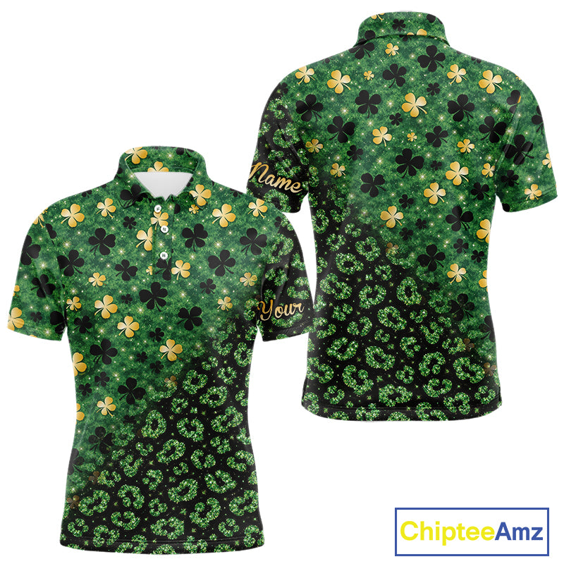 Green and Gold Clover glitter leopard St Patrick's day pattern custom shamrock Mens golf polo shirts NQS11423